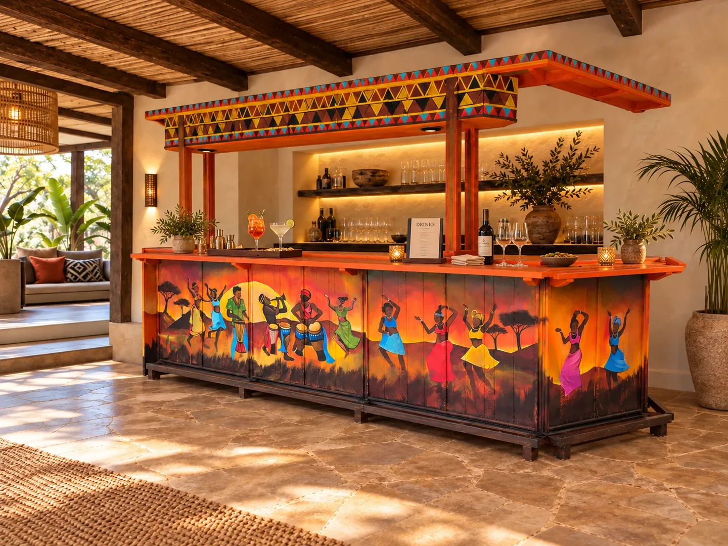 Savannah Rhythm bar set up for drinks in an open-sided lodge